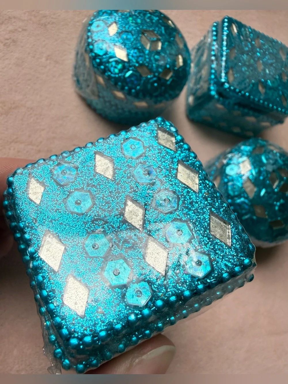 Lot of 4 Vintage Teal Blue Glitter Pill Medicine Trinket Box Mosaic Sequins
